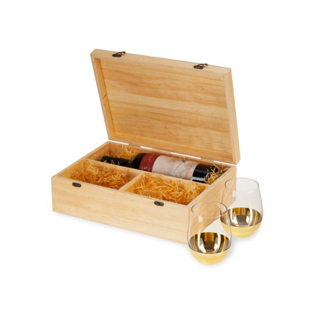 Wood Wine Box With Set Of 2 Stemless Glasses